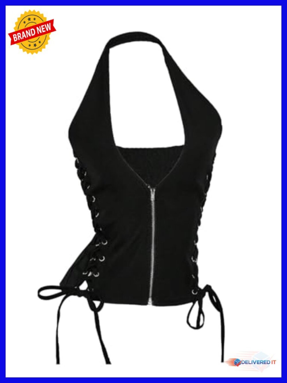 Y2K Lace Up Halter Top Zip Front Deep V Neck Sleeveless Tank Going Out Top